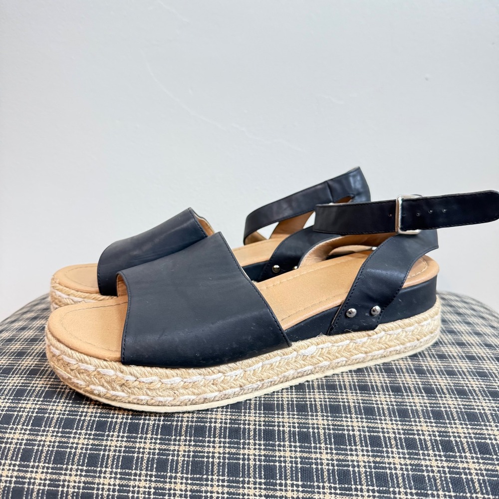 Black Faux Leather Espadrille Platform Ankle Strap Sandals Size 8